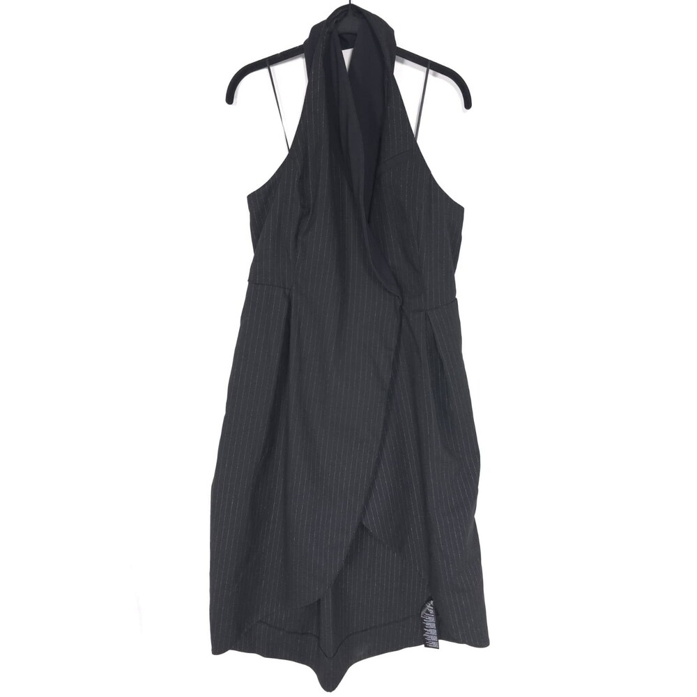 ANTHROPOLOGIE‎ Women’s New Midi Dress LARGE Black Halter Metallic Pinstripe